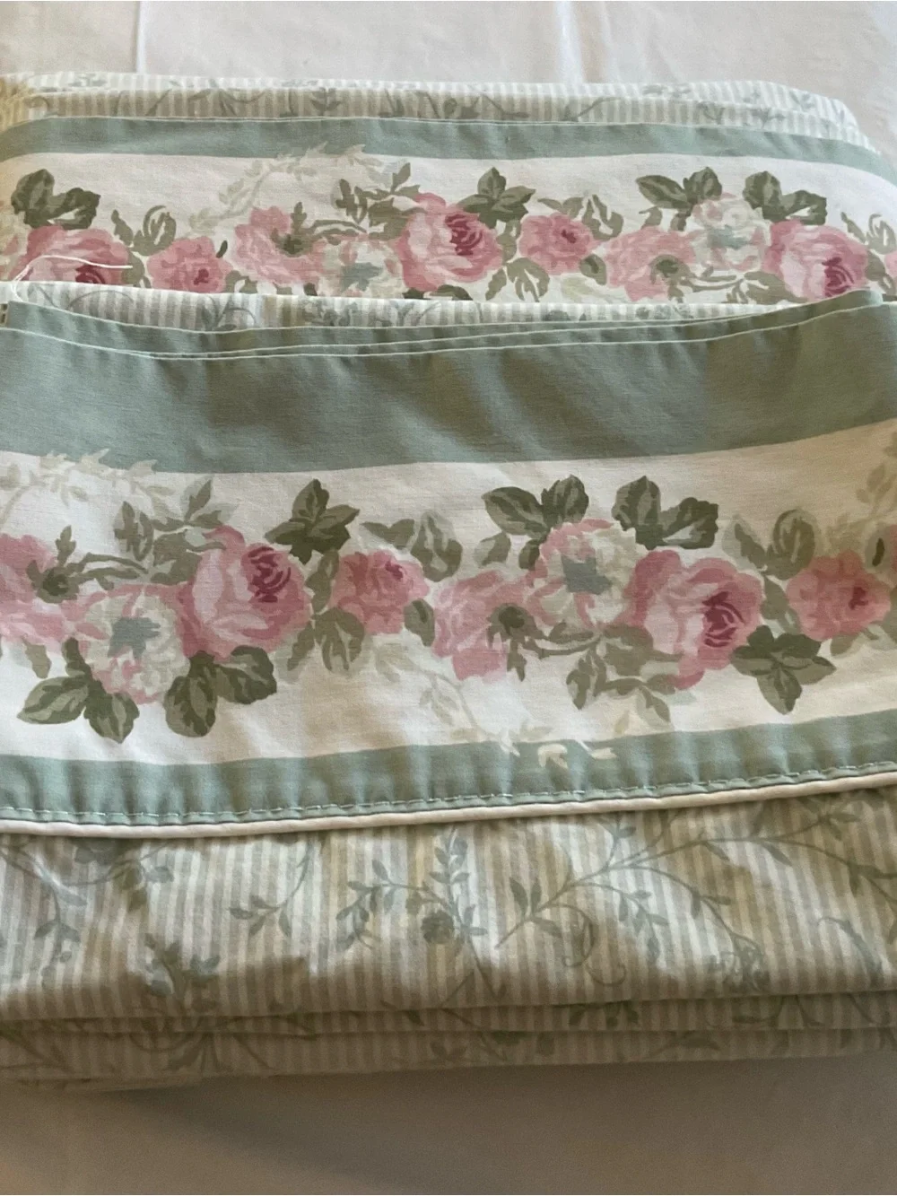 Laura Ashley Cottage Rose Floral W/Green Stripes Twin Sheet Set 4PCS-Vintage USA